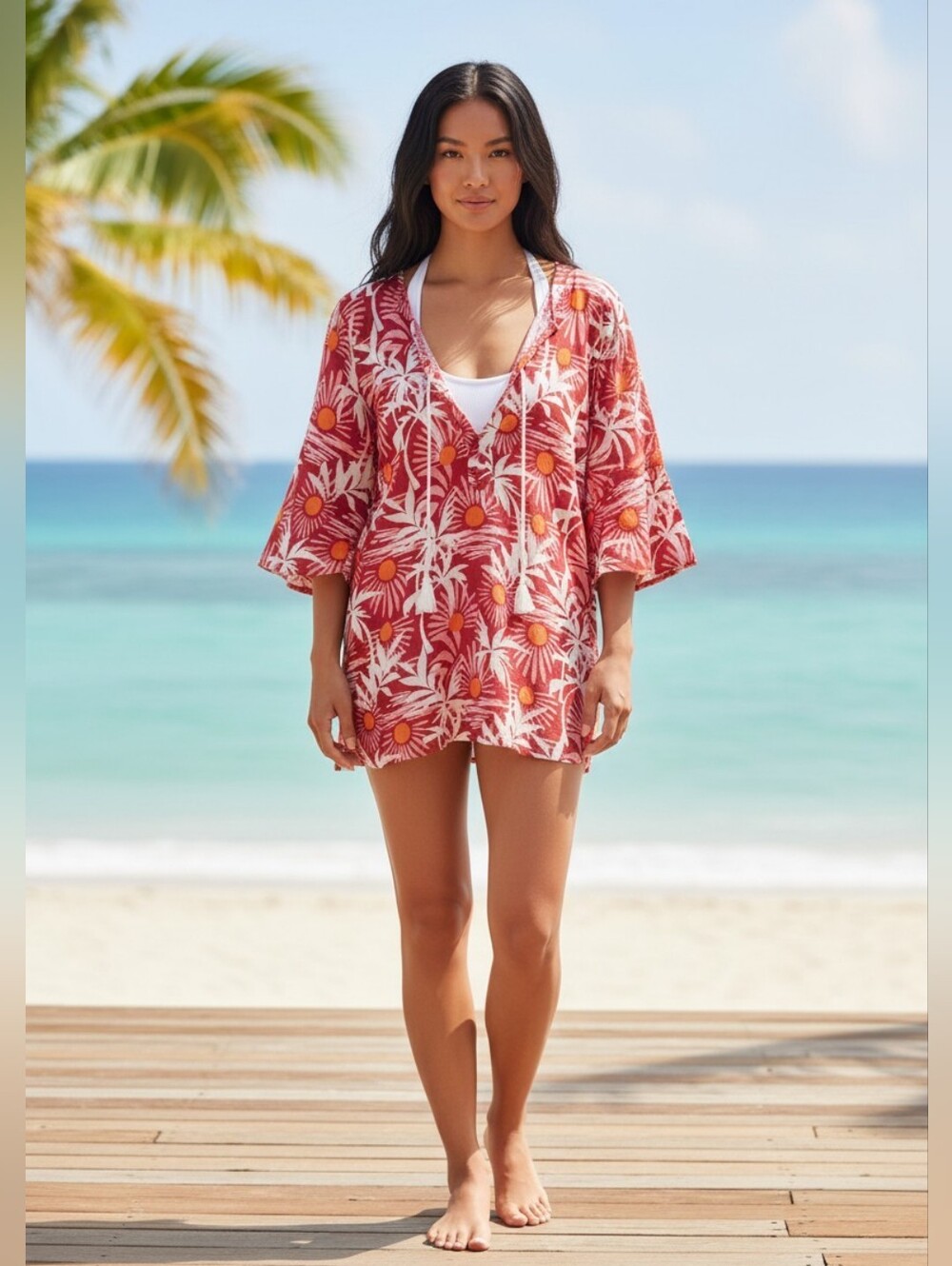 C&C California - NEW Tropical Floral Tassled Tunic with 3/4" Sleeves 55% Linen